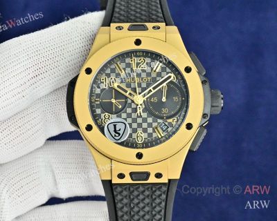 High Quality Replica HUBLOT BIG BANG 20TH ANNIVERSARY Black Imported Fluororubber Strap Black Checkered Face Dial Gold Case Watch 43mm